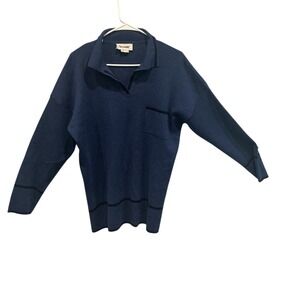 Mens Italian Merino Wool Blend Polo Sweater M Navy Blue Piped Trim Made in Italy